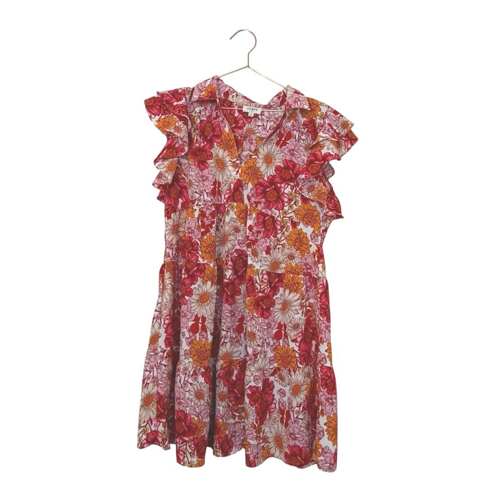 Umgee Pink and Red Floral V-Neck Dress